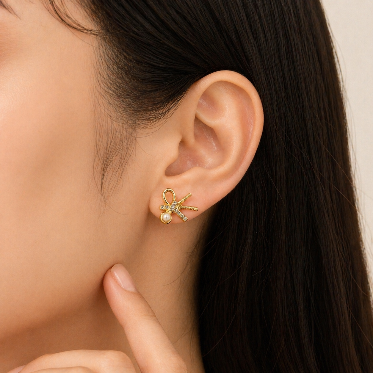 Elegant Bow Pearl Stud Earrings – Anti Tarnish Gold Finish