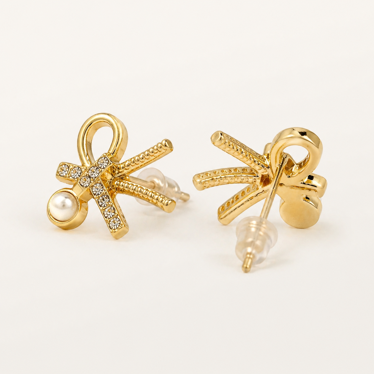 Elegant Bow Pearl Stud Earrings – Anti Tarnish Gold Finish